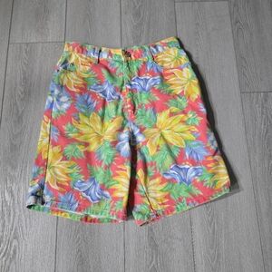 80's Mixed Blues Tropical Floral Denim Shorts Vintage Size 11
